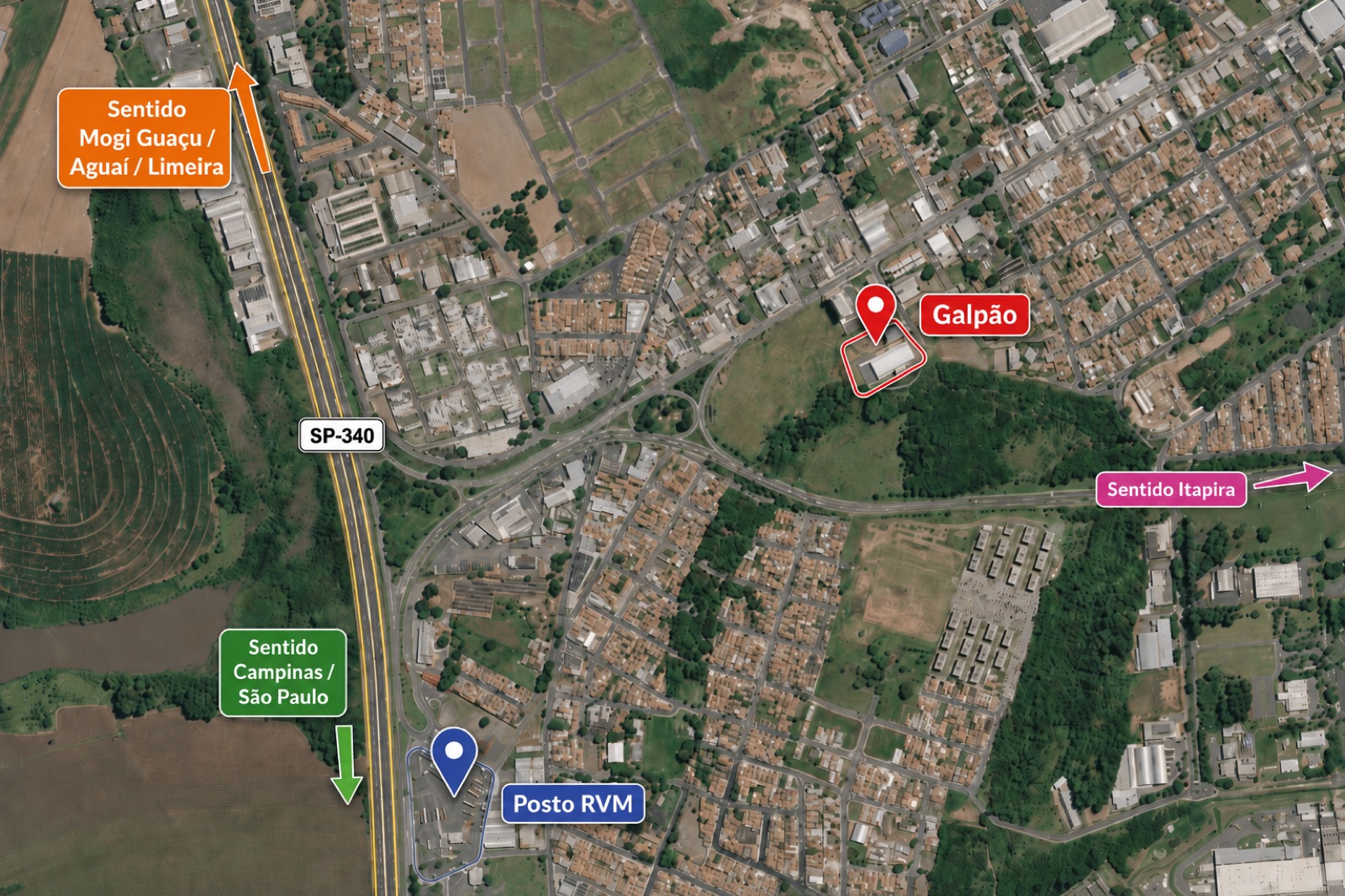 Mapa com a localização do galpão comercial na Rua Dr. Adolfo Lutz, 625, SP-340, Posto RVM e sentidos Campinas, São Paulo, Mogi Guaçu, Aguaí, Limeira e Itapira